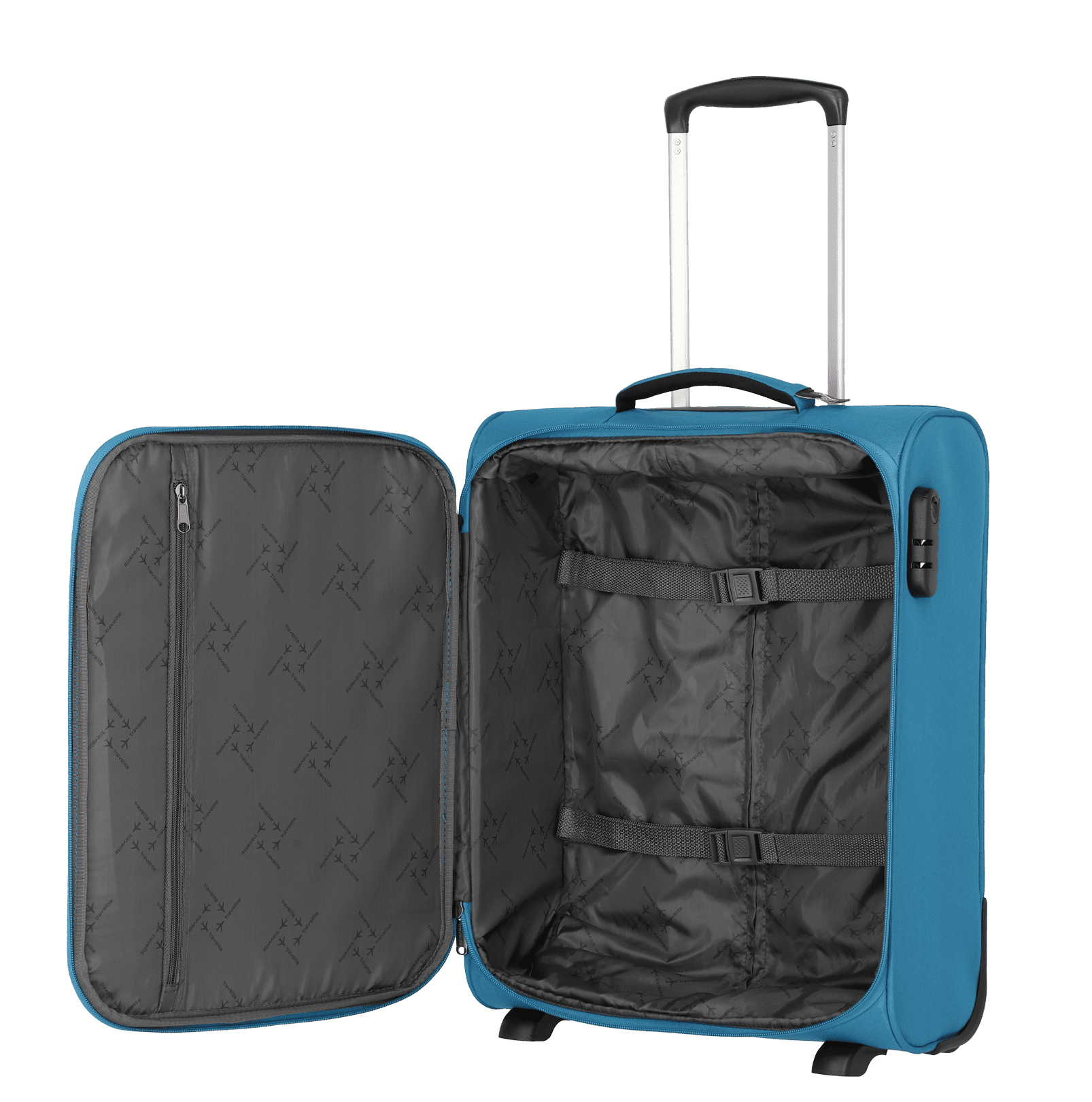 Ein travelite Koffer der Serie Cabin Innenansicht Größe S 52cm in türkis