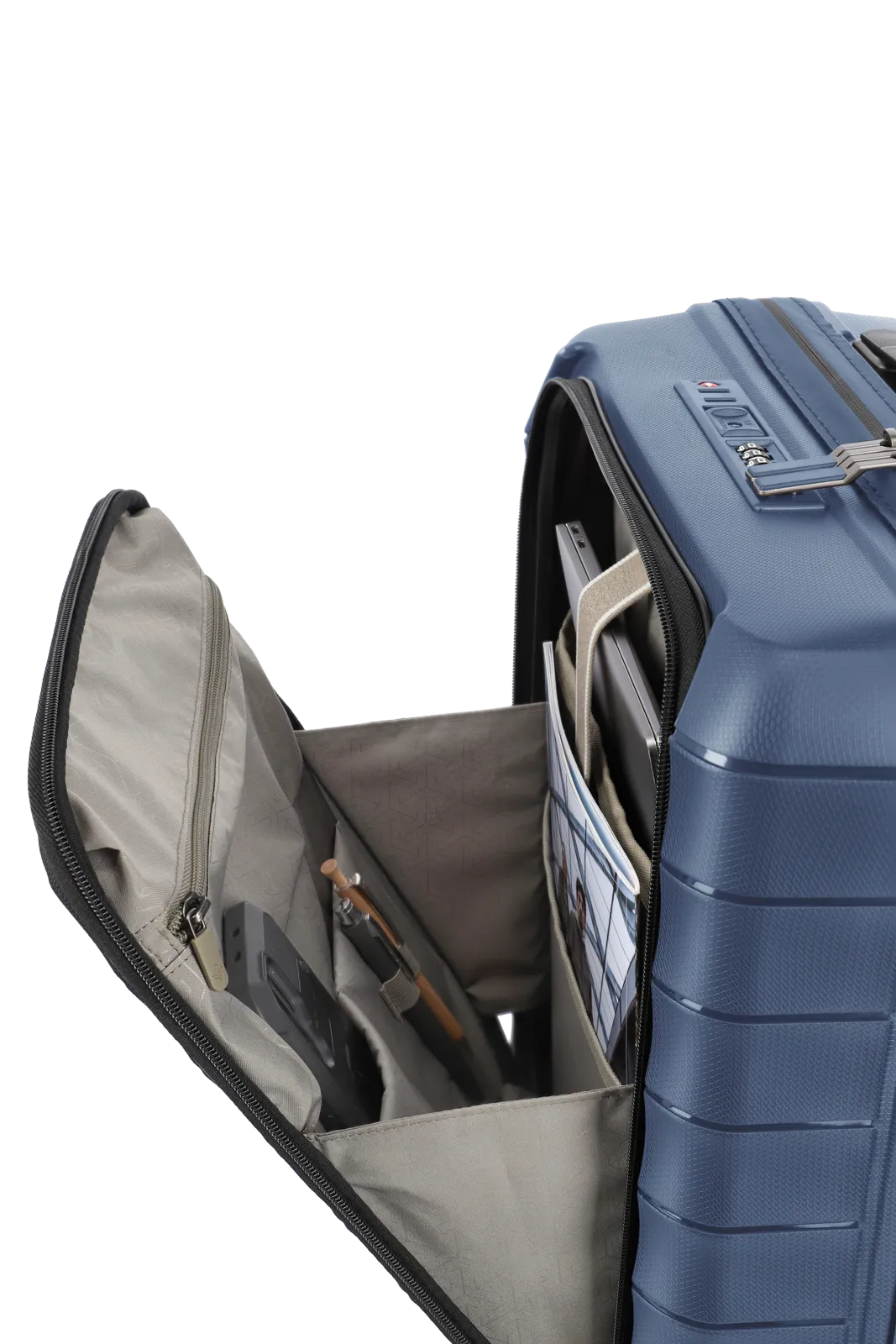 travelite Mooby Trolley S mit Vortasche in Blau Seitenansicht mit offener Vortasche