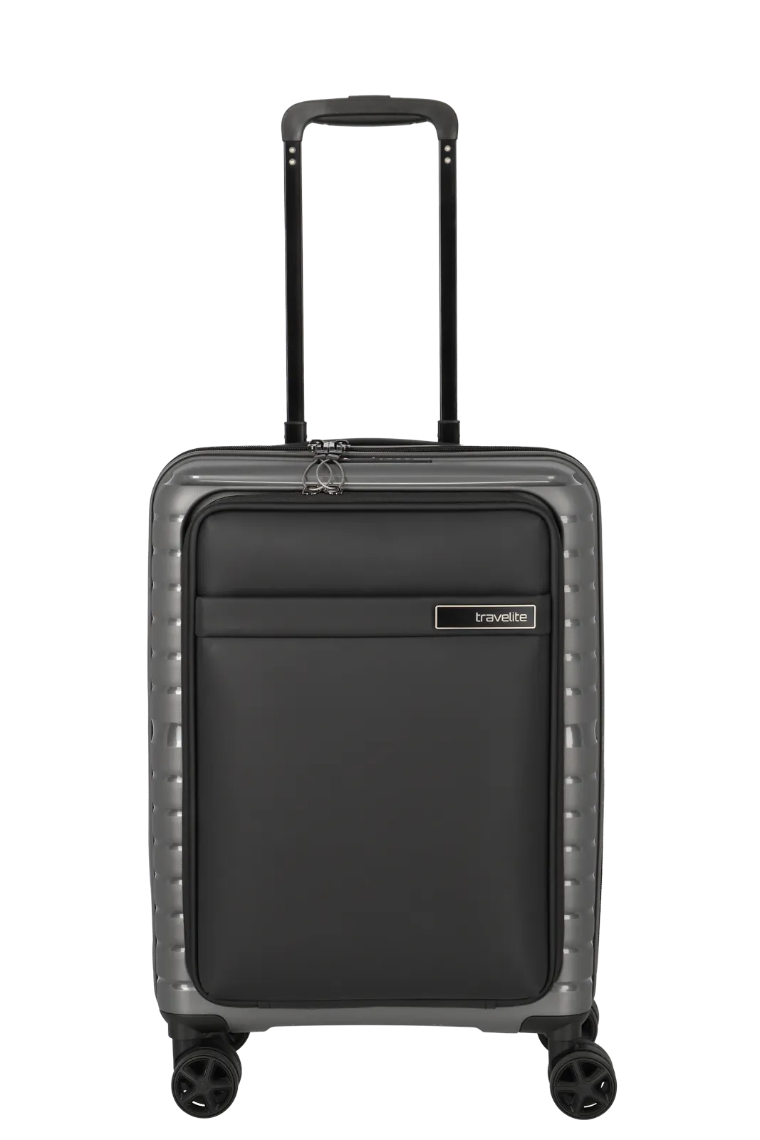 Ein travelite Koffer der Serie Trient Schrägansicht S mit Vortasche in anthra