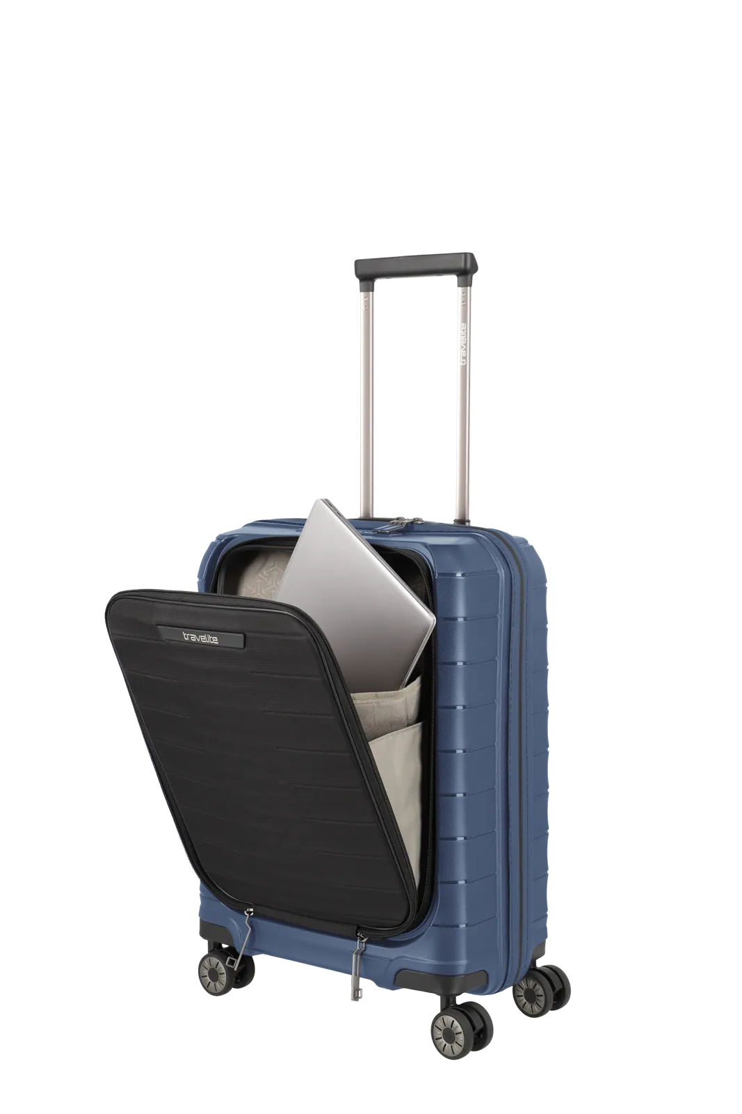 travelite Mooby Trolley S mit Vortasche in Blau Frontansicht schraeg mit offener Vortasche