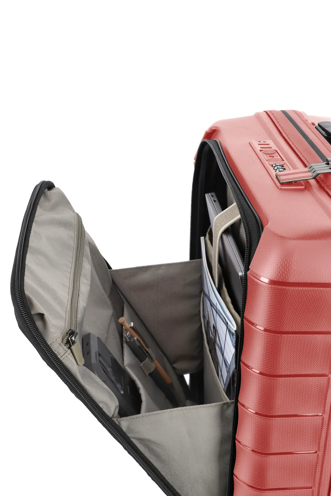 travelite Mooby Trolley S mit Vortasche in Rot Seitenansicht mit offener Vortasche