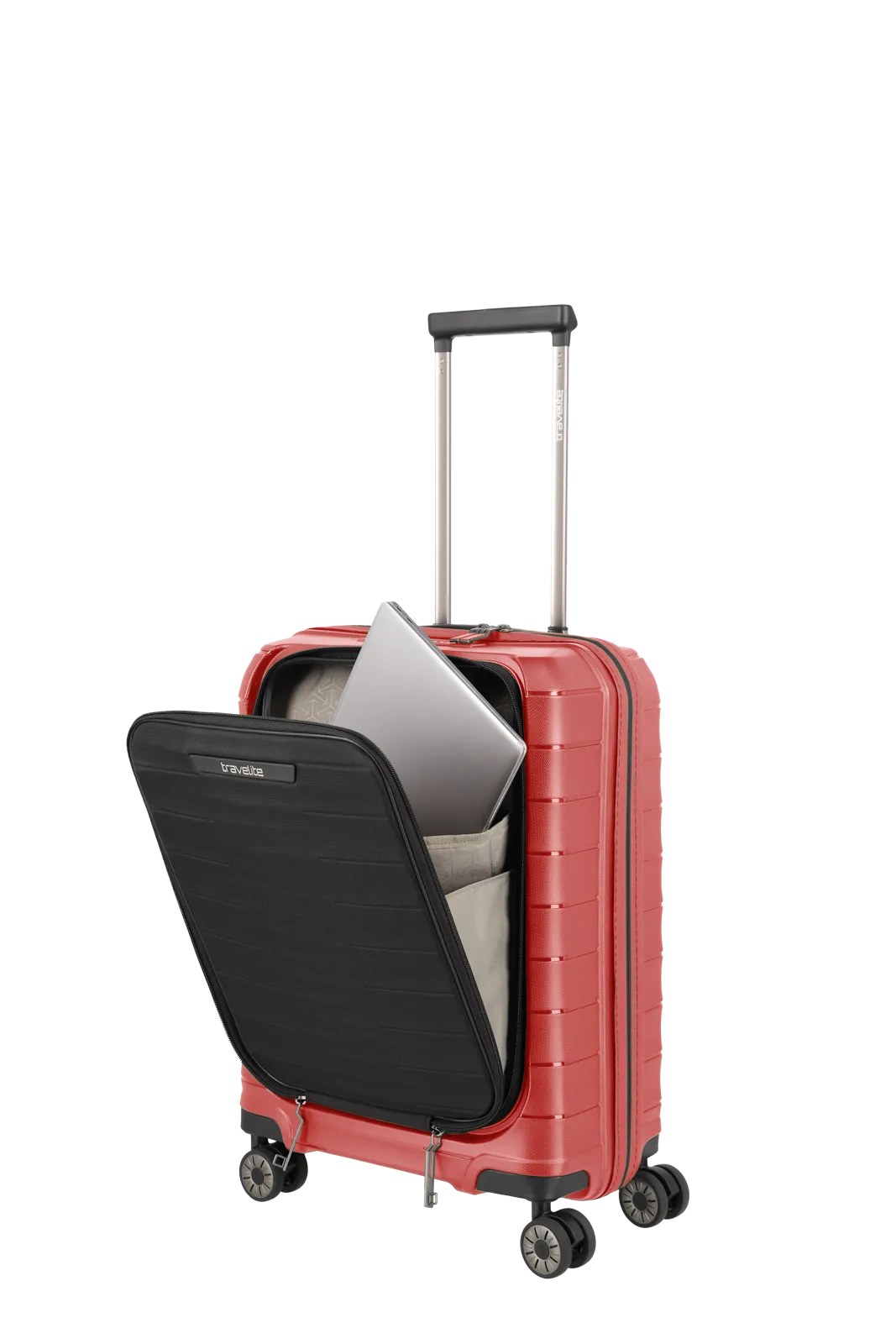 travelite Mooby Trolley S mit Vortasche in Rot Schraegansicht mit offener Vortasche