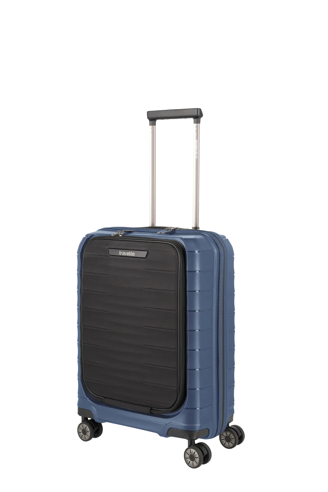 travelite Mooby Trolley S mit Vortasche in Blau Frontansicht schraeg